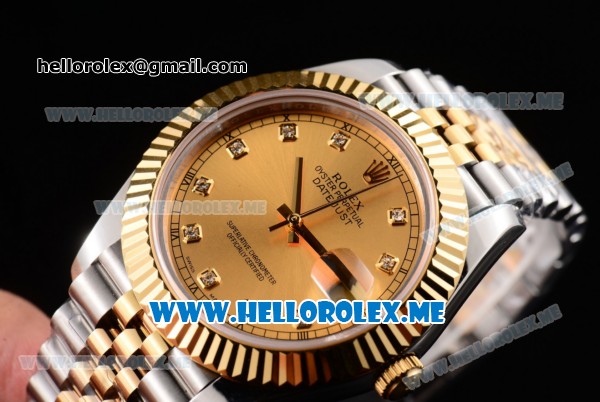 Rolex Datejust II Asia 2813 Automatic Two Tone Case/Bracelet with Yellow Gold Dial and Diamonds Markers (BP) - Click Image to Close